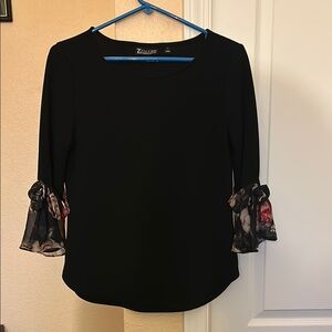 New York & Company Black Blouse with 3/4 Sleeve and Floral Accents